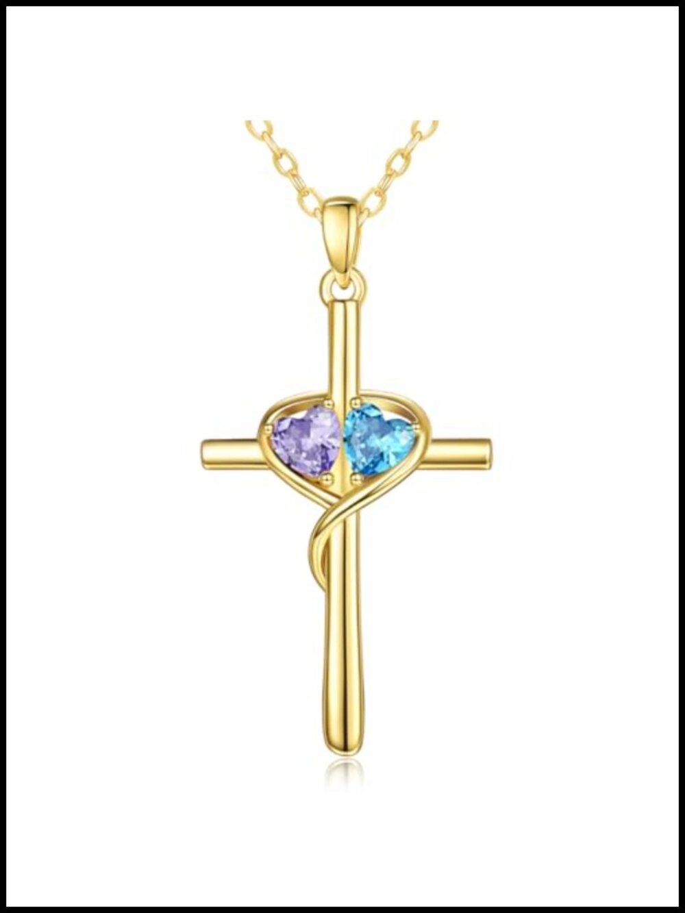 14K Gold Heart Cross Pendant Necklace Double Birthstone Gift